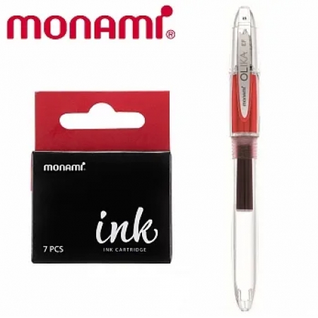 (組合包) MONAMI OLIKA EF 透明細字鋼筆+卡式墨水 紅
